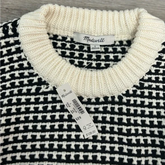 Madewell Textured-Stitch Crewneck Sweater 100% Cotton in Ivory And Black Stripe - Picture 3 of 13